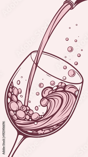 Elegant Ros Wine Pouring into Glass with Bubbles.