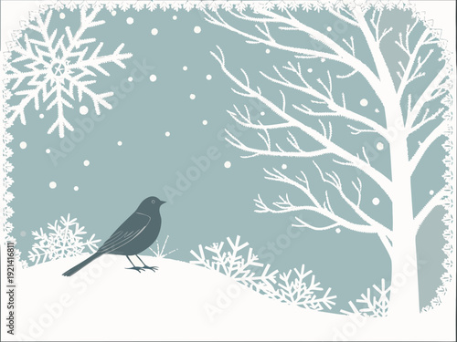 Winter Scene with Bird and Snowflakes 1.