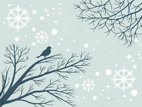 Winter Scene with Bird on Bare Tree Branch and Falling Snowflakes.