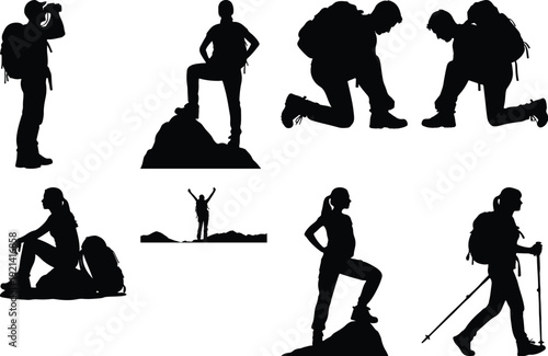 Silhouettes of hikers and climbers in various adventurous poses against a plain background