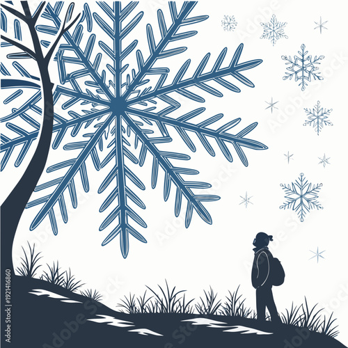 Winter Wonderland A Solitary Figure Under a Giant Snowflake.