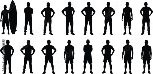 Collection of black silhouettes featuring men in various standing poses including a surfer with a board and athletic fitness positions.