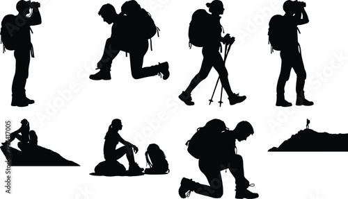 Silhouettes of hikers and campers engaging in outdoor activities