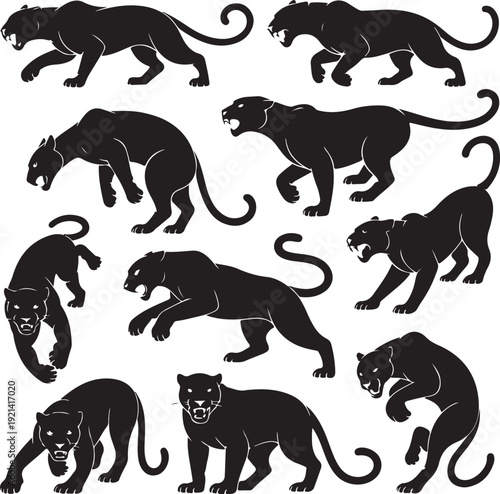 Set of panthers. Collection of silhouettes of portraits of predatory wild cats. Set of wildlife and fauna inhabitants. Vector illustration on a white background. tattoo.