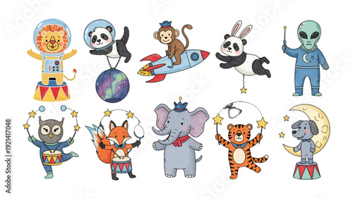 Whimsical Circus Animals: A delightful collection of charming animal characters, each dressed for the circus, showcases their playful talent. This cheerful illustrations captured in a playful circus
