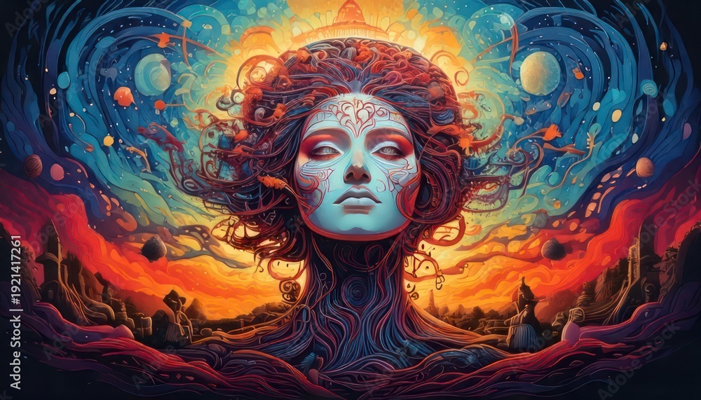 Fototapeta premium Psychedelic Woman - A Vibrant Journey Through Inner Space and Consciousness.