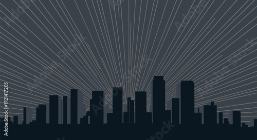 City skyline at night with streaks of light radiating from behind skyscrapers in dark urban landscape