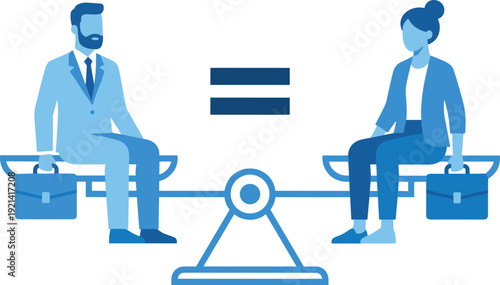 Gender equality concept illustration with businessman and businesswoman balanced on scale symbolizing equal pay and workplace fairness
