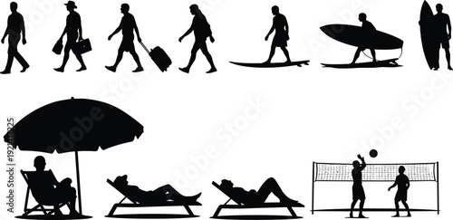 Collection of black silhouettes featuring people at the beach including surfers travelers with luggage and individuals relaxing under an umbrella.