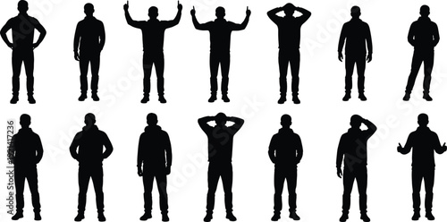 Collection of black silhouettes featuring men standing in various poses including hands on hips arms raised and casual relaxed stances.
