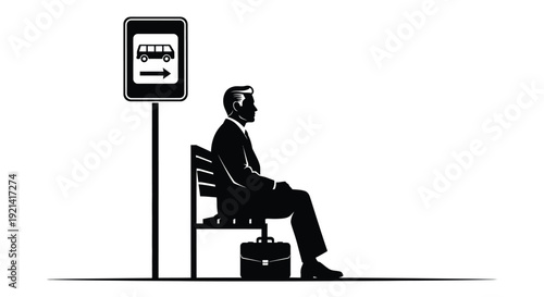 A man waits at a bus stop depicted in stark black silhouette