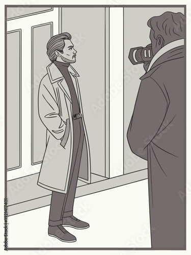 Man in trench coat being photographed by a photographer.