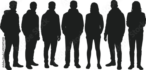 Group of young people silhouette standing together casual fashion style friendship community concept isolated on white background