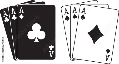 Set of playing card vector icons. Gambling game. Four card. Black outline icons.  2