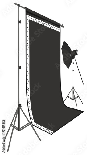 Professional Photography Studio Setup with Black Backdrop and Lighting Equipment.