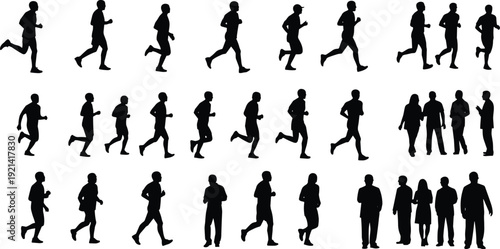 Collection of black silhouettes featuring people jogging running and walking in various active poses for fitness health and urban lifestyle.