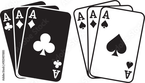 Set of playing card vector icons. Gambling game. Four card. Black outline icons.  2