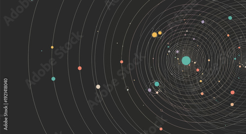 Astronomical illustration of planetary orbits around a central celestial body in space with colorful planets and orbital lines