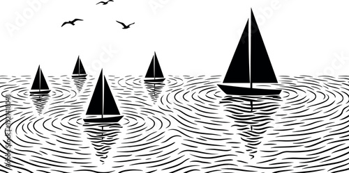 Black and white minimalist silhouette of sailboats on a wavy sea with seagulls flying above isolated on white background for nautical design projects (22 words)
