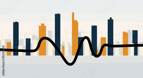 Modern city skyline with financial graph overlay showing market trends and economic fluctuations in orange and blue hues