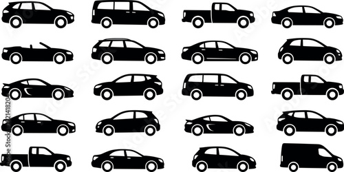 Black car silhouettes and vehicle icons set including sedan suv pickup truck hatchback coupe and van isolated on white background for transport design