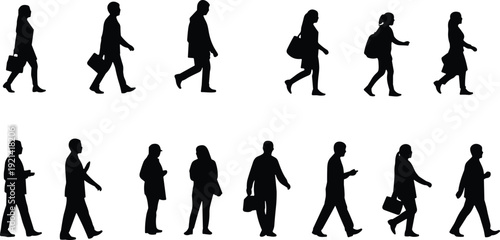 Collection of black silhouettes featuring people walking and commuting with bags and briefcases for urban street scene and professional designs.