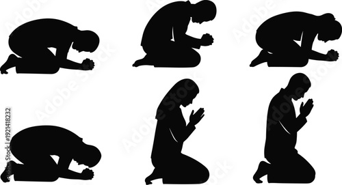 Collection of black silhouettes featuring people kneeling and praying in various humble poses for religious spiritual and peaceful meditation designs.