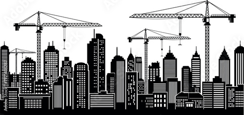 Black Silhouette of City Skyline with Construction Cranes and Metropolitan Buildings Isolated on White Background for Urban Development and Infrastructure Vector Design