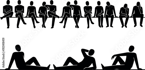 Black silhouette of diverse people sitting and lounging in various poses including leaning and resting figures isolated on a clean white background