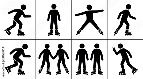 Black silhouette set of roller skating pictograms showing people inline skating in various poses including jumping gliding and holding hands for sports
