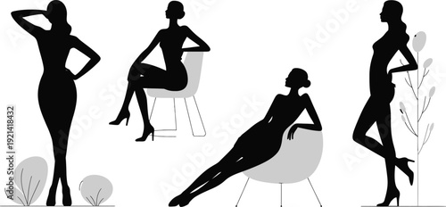 Four silhouette women posing in different positions with furniture and plants on white background