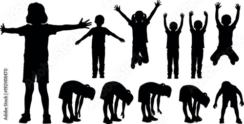 Black silhouette vector illustration set of active children jumping, stretching, and exercising with arms raised isolated on white background for fitness design.