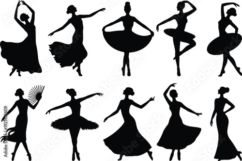 Silhouettes of female ballet dancers in various poses on white background performing dance movements