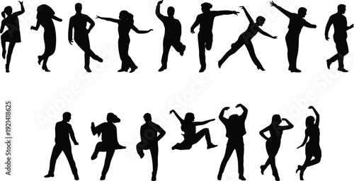 Dancing people silhouette poses, energetic male female action movements, dynamic celebration gestures, isolated vector illustration collection