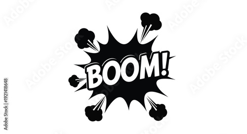 Comic book explosion graphic with bold text a striking silhouette