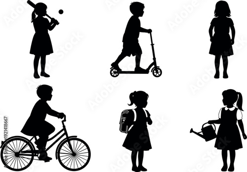Black silhouette vector illustration set of children playing sports, riding bicycle and scooter, going to school, and gardening isolated on white background.