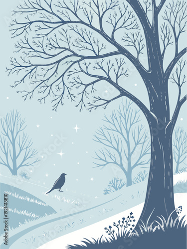 Winter landscape with a bird perched on a snowy branch.
