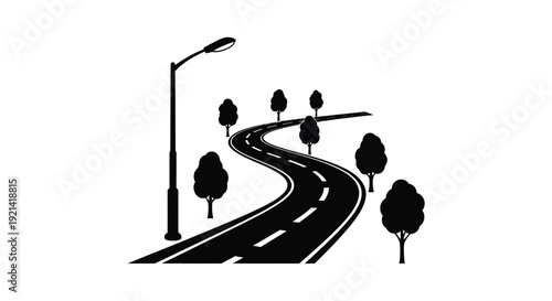 Curving road with trees and a street lamp black silhouette