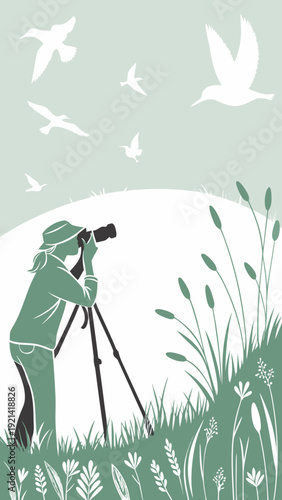 Woman birdwatching with camera and tripod in nature.