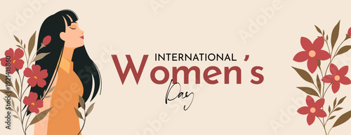 International Women’s Day 2026 Celebration Banner with Long Hair Woman and Flowers Flat Illustration 