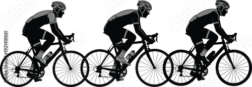 Collection of professional road cyclist silhouettes featuring athletes riding bicycles in racing gear for sports competition fitness and outdoor activity.