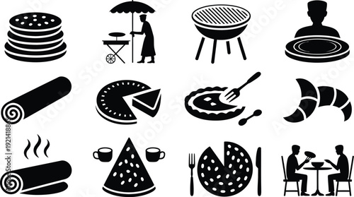 Black and white food icons set including pizza grill cake and people dining