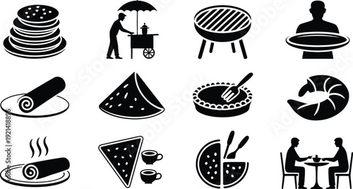 Black and white food icons set including pizza pancakes grill and people eating