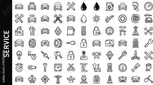 Black and white line of car service and repair symbols line black and white tools 1