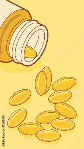 Yellow vitamin pills spilling out of a white bottle on a yellow background.
