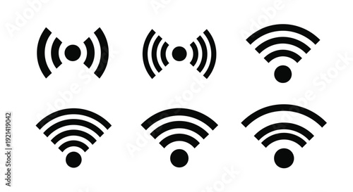 Collection of black wifi signal icons varying in strength silhouette