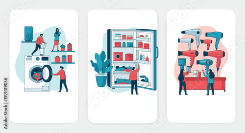 People use various modern household appliances including a washing machine and refrigerator for daily domestic chores and personal care.