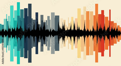 Vibrant sound wave graphic with colorful bars on beige background for audio visualization and music technology