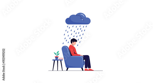 Sad man sits alone in a chair while a dark rain cloud pours water over him to symbolize depression and poor mental health awareness.