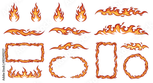 Large collection of stylized fire and flame graphics designed for use as decorative borders and frames in creative graphic design projects.